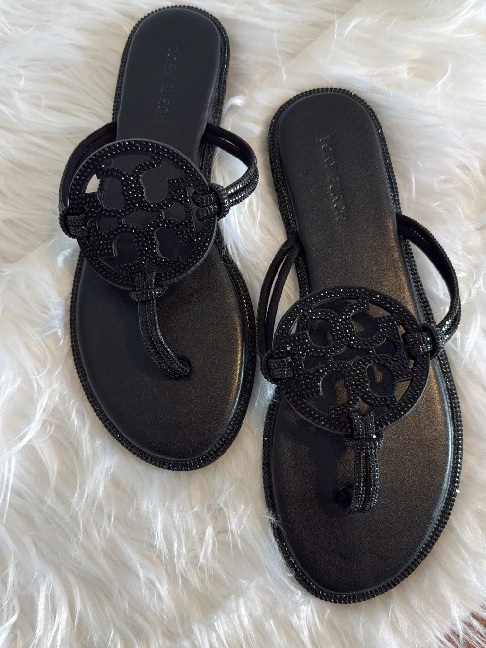 Tory Burch Black Logo Crystal Miller Sandals